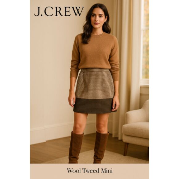 J.Crew Wool Tweed Mini Skirt Women’s Size 8 Brown Houndstooth Vintage Classic - Picture 1 of 8